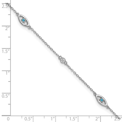 Sterling Silver Cheryl M Rh-Pltd Blue Glass & CZ Evil Eye 9.5in W/ 1in Ext Anklet