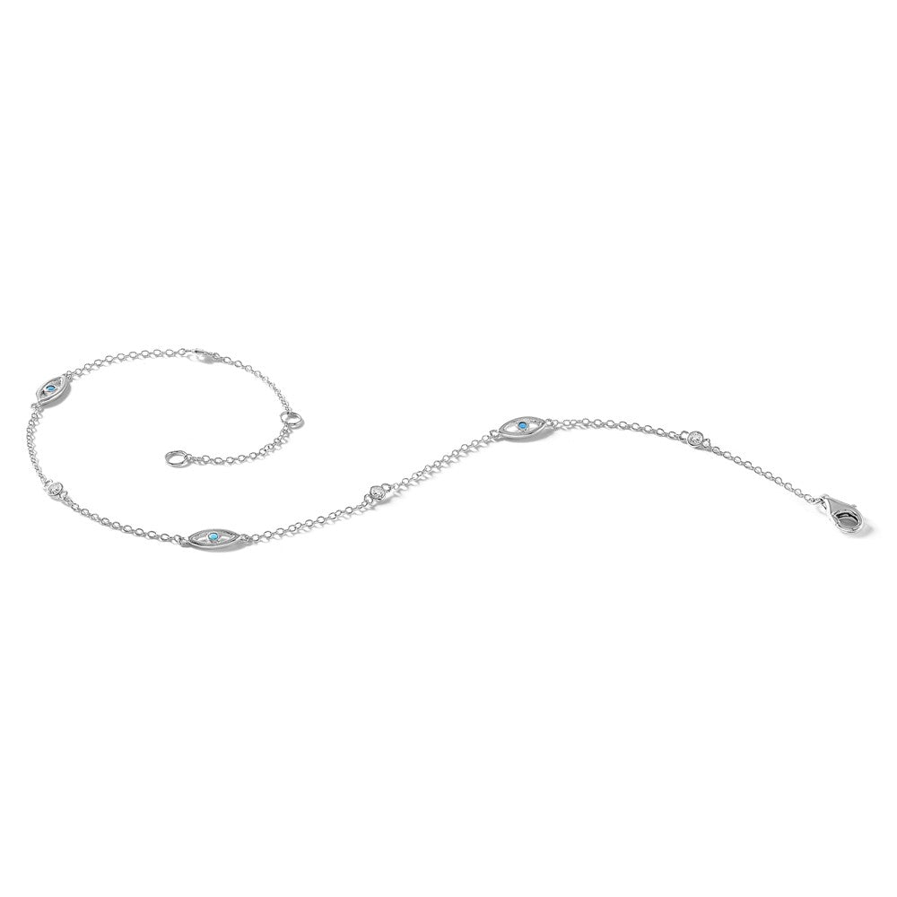 Sterling Silver Cheryl M Rh-Pltd Blue Glass & CZ Evil Eye 9.5in W/ 1in Ext Anklet