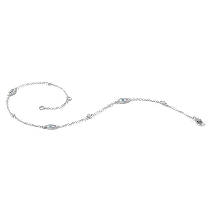 Sterling Silver Cheryl M Rh-Pltd Blue Glass & CZ Evil Eye 9.5in W/ 1in Ext Anklet
