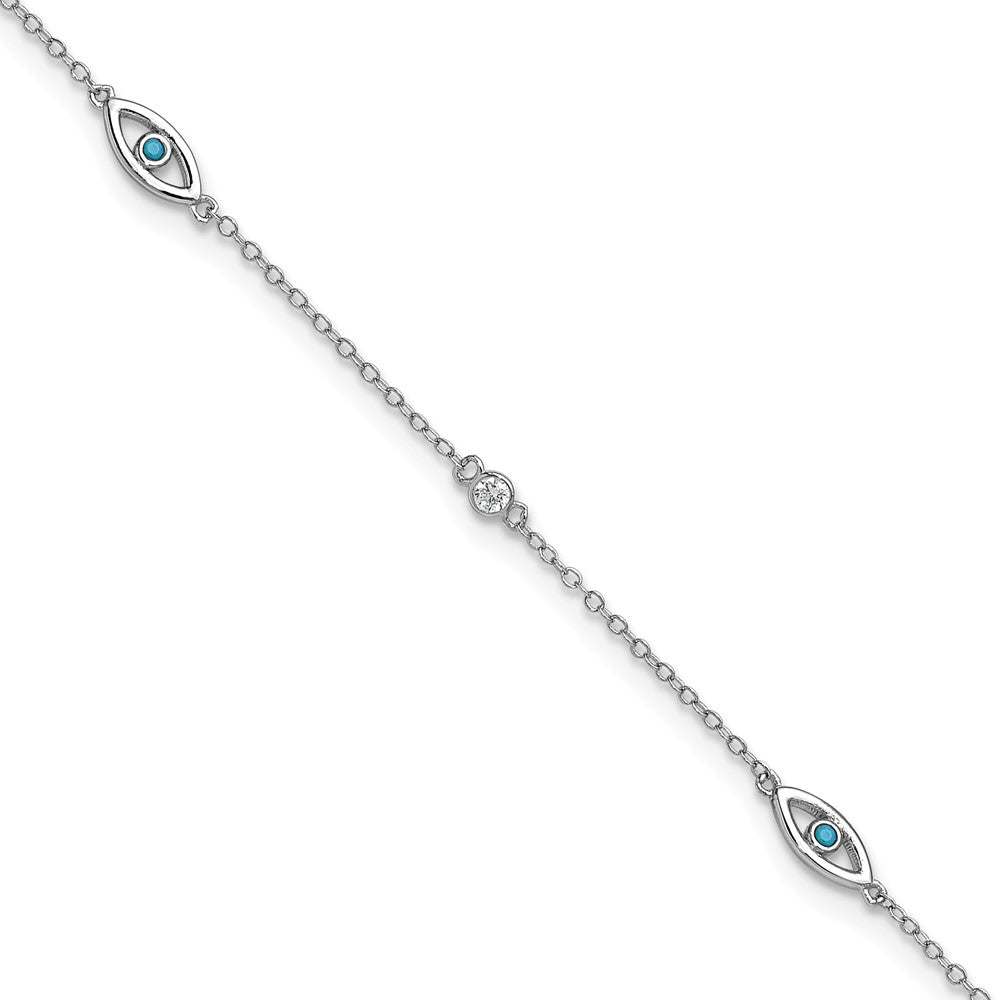 Sterling Silver Cheryl M Rh-Pltd Blue Glass & CZ Evil Eye 9.5in W/ 1in Ext Anklet