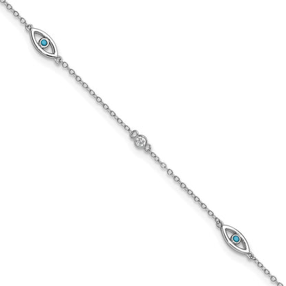 Sterling Silver Cheryl M Rh-Pltd Blue Glass & CZ Evil Eye 9.5in W/ 1in Ext Anklet