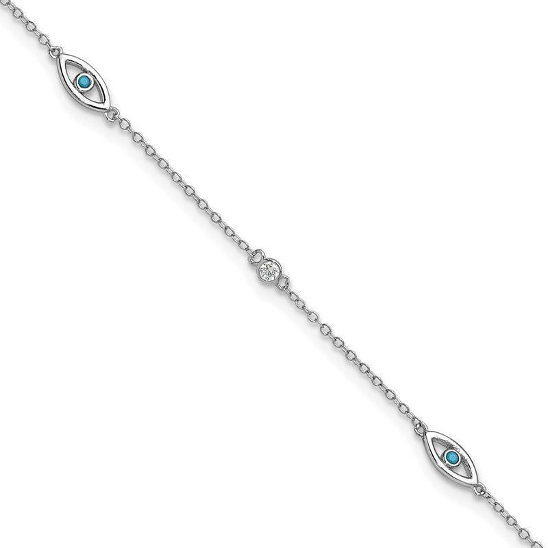 Sterling Silver Cheryl M Rh-Pltd Blue Glass & CZ Evil Eye 9.5in W/ 1in Ext Anklet
