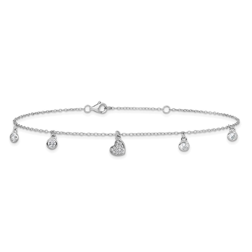 Sterling Silver Cheryl M Rhodium Plated Polished CZ Heart 9.5in W/ 1in Ext Anklet
