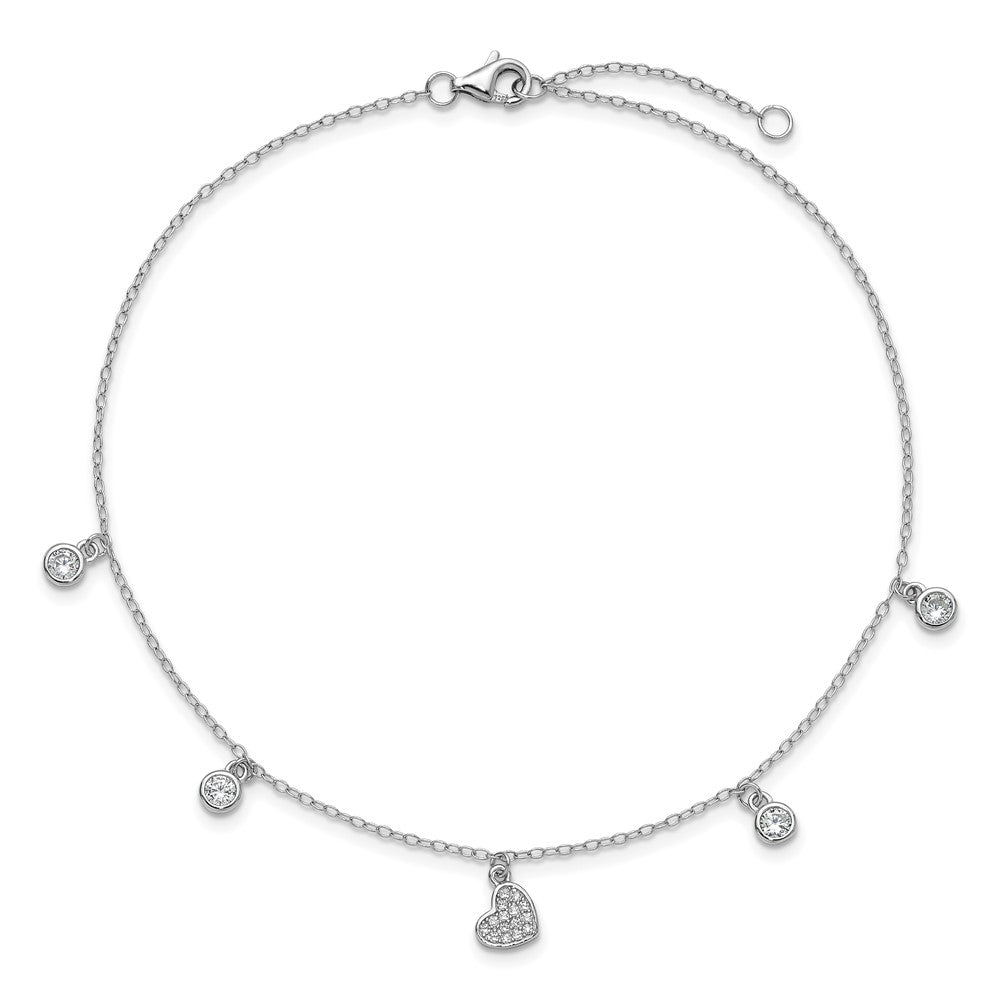 Sterling Silver Cheryl M Rhodium Plated Polished CZ Heart 9.5in W/ 1in Ext Anklet