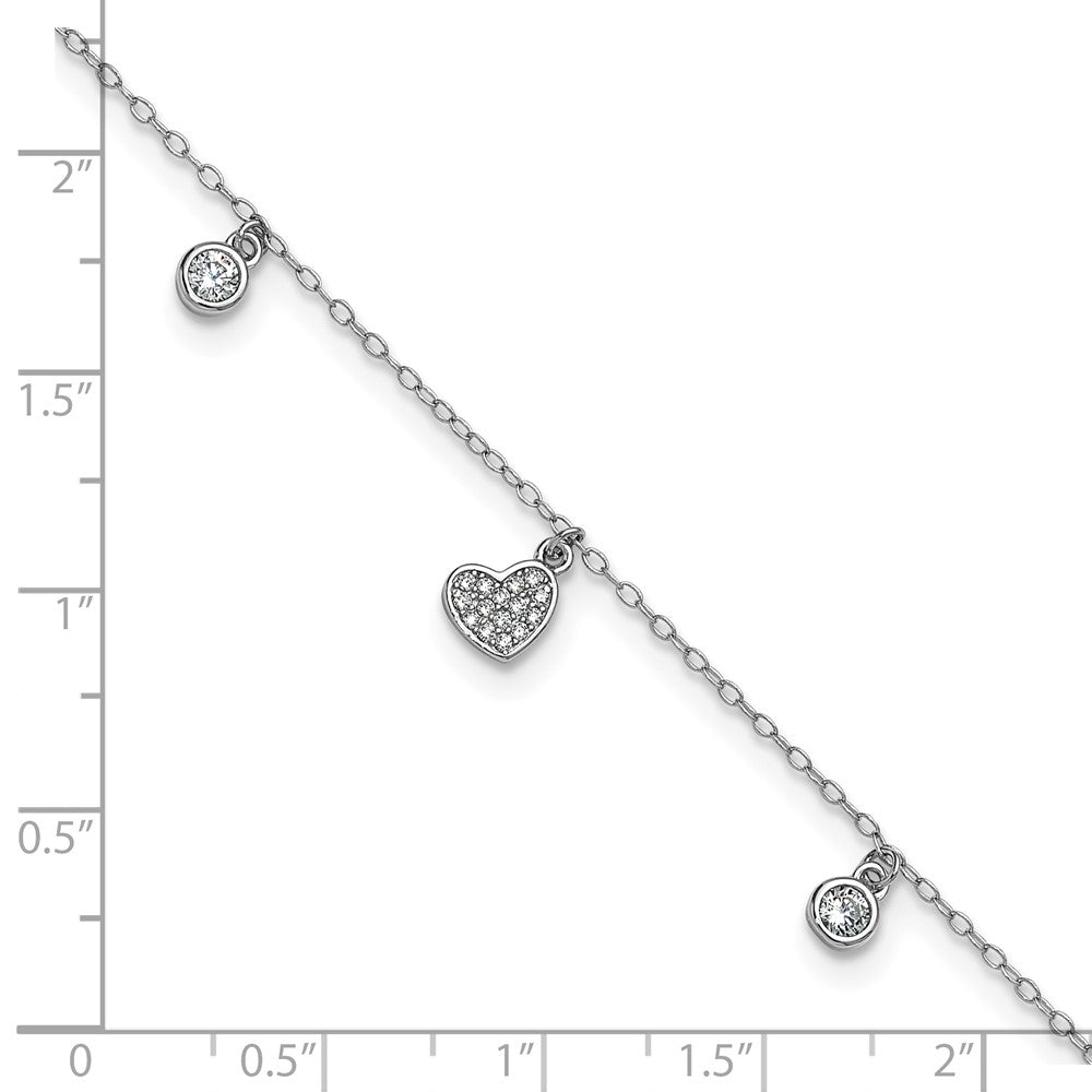 Sterling Silver Cheryl M Rhodium Plated Polished CZ Heart 9.5in W/ 1in Ext Anklet