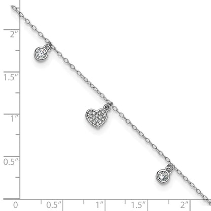Sterling Silver Cheryl M Rhodium Plated Polished CZ Heart 9.5in W/ 1in Ext Anklet