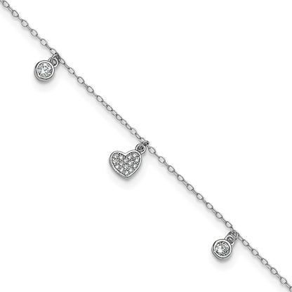 Sterling Silver Cheryl M Rhodium Plated Polished CZ Heart 9.5in W/ 1in Ext Anklet