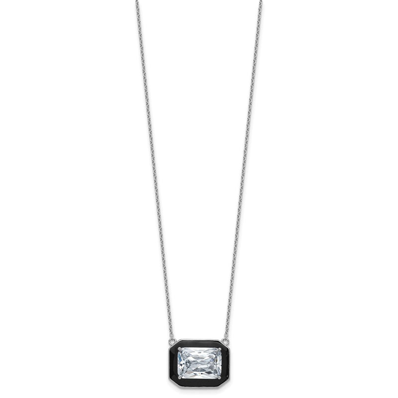 Sterling Silver Cheryl M Rhodium Plated Polished Black Enamel & CZ Necklace