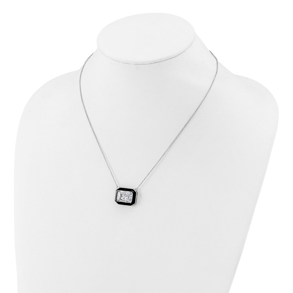 Sterling Silver Cheryl M Rhodium Plated Polished Black Enamel & CZ Necklace