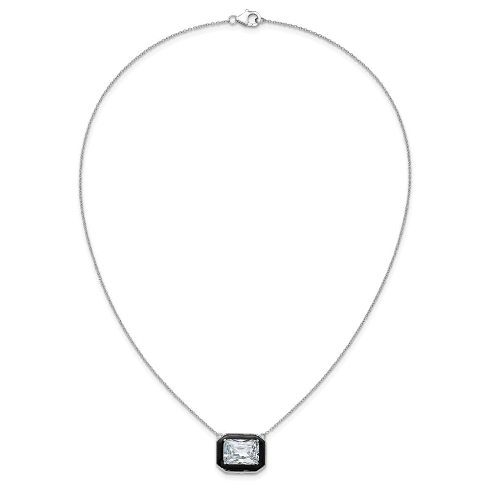 Sterling Silver Cheryl M Rhodium Plated Polished Black Enamel & CZ Necklace