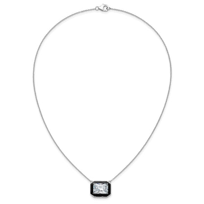 Sterling Silver Cheryl M Rhodium Plated Polished Black Enamel & CZ Necklace