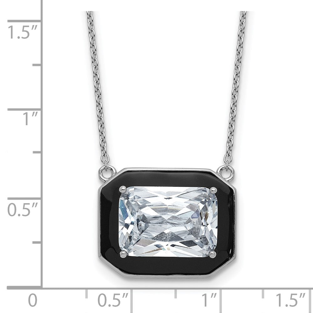 Sterling Silver Cheryl M Rhodium Plated Polished Black Enamel & CZ Necklace