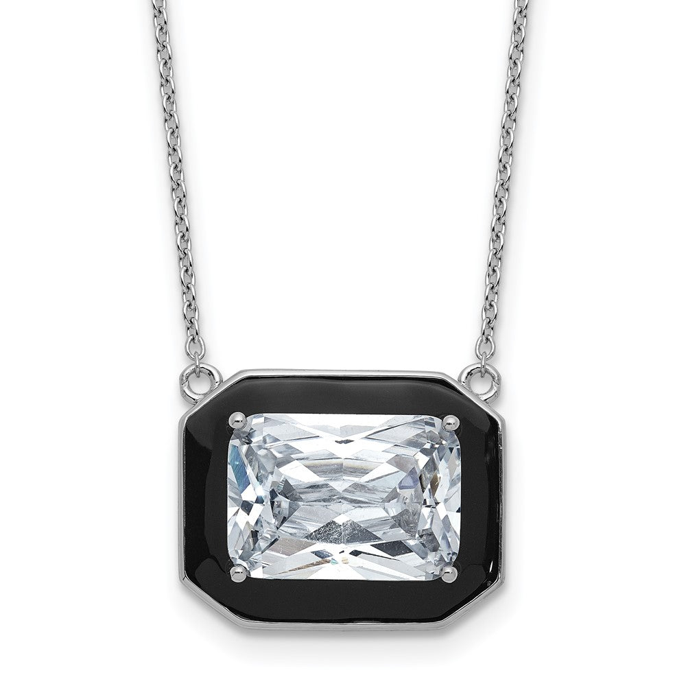 Sterling Silver Cheryl M Rhodium Plated Polished Black Enamel & CZ Necklace