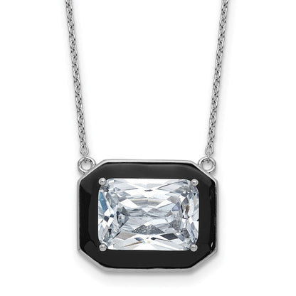 Sterling Silver Cheryl M Rhodium Plated Polished Black Enamel & CZ Necklace