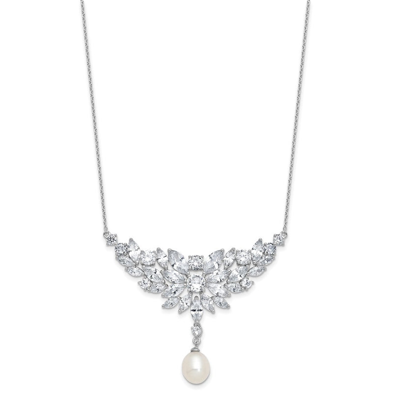 Sterling Silver Cheryl M Rhodium Plated Fancy Freshwater Cultured Pearl & CZ Necklace