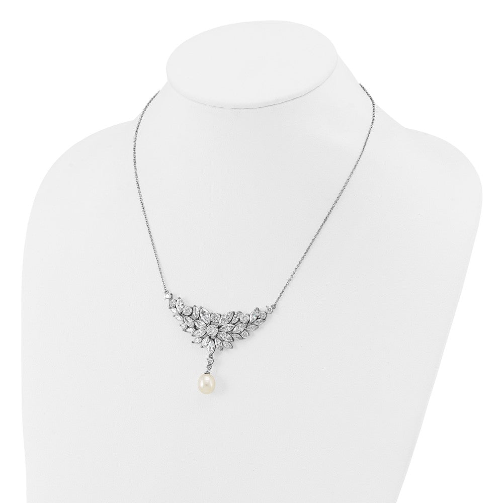 Sterling Silver Cheryl M Rhodium Plated Fancy Freshwater Cultured Pearl & CZ Necklace