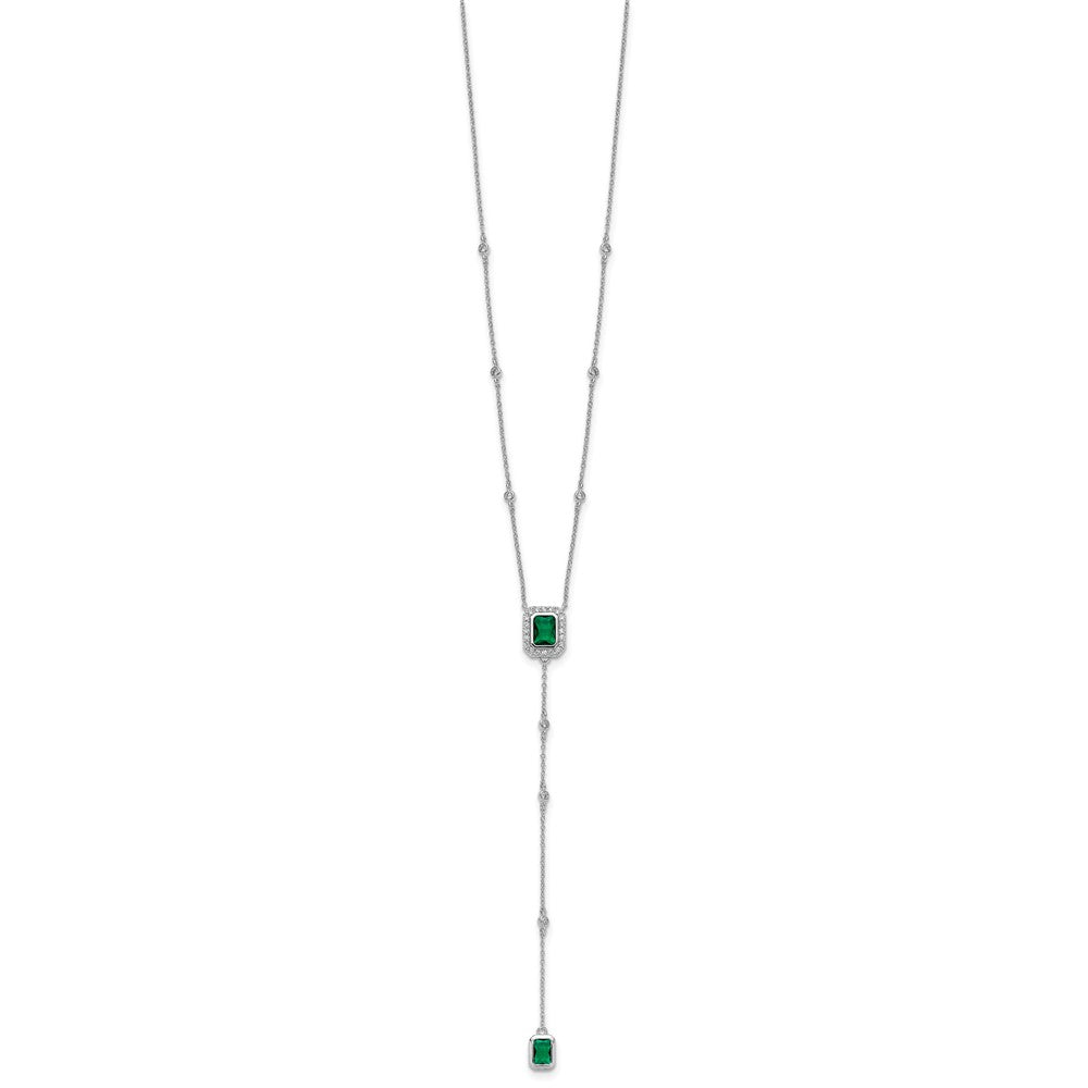 Sterling Silver Cheryl M Rhodium Plated Green Glass & CZ Lariat Necklace
