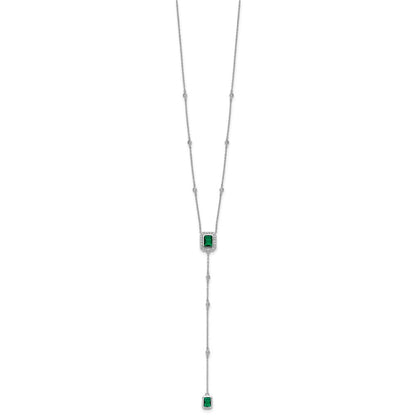 Sterling Silver Cheryl M Rhodium Plated Green Glass & CZ Lariat Necklace