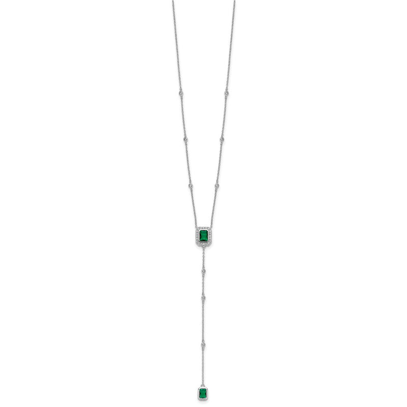 Sterling Silver Cheryl M Rhodium Plated Green Glass & CZ Lariat Necklace