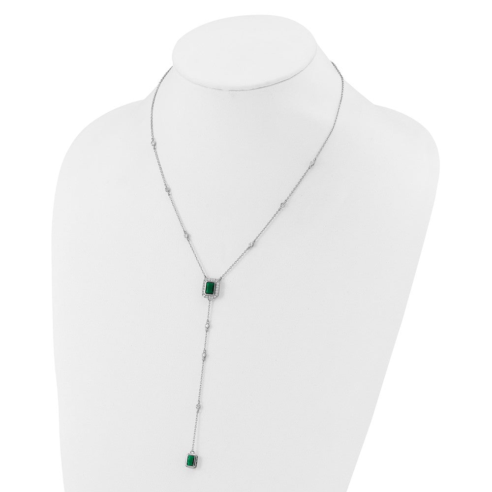 Sterling Silver Cheryl M Rhodium Plated Green Glass & CZ Lariat Necklace