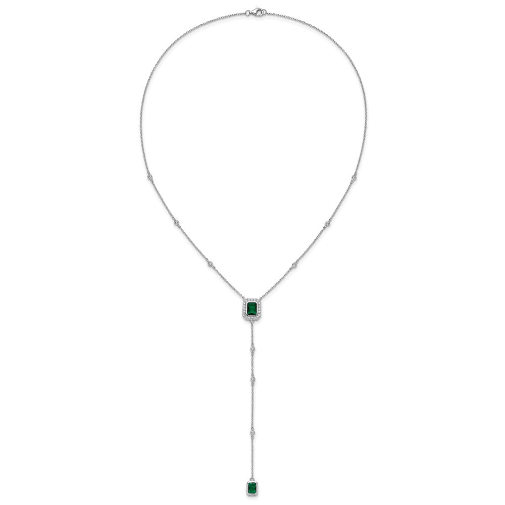 Sterling Silver Cheryl M Rhodium Plated Green Glass & CZ Lariat Necklace