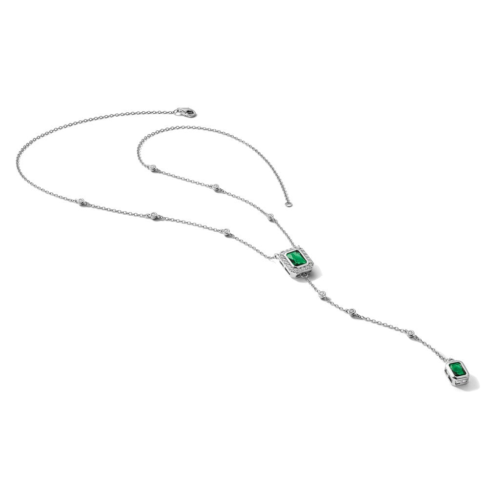 Sterling Silver Cheryl M Rhodium Plated Green Glass & CZ Lariat Necklace