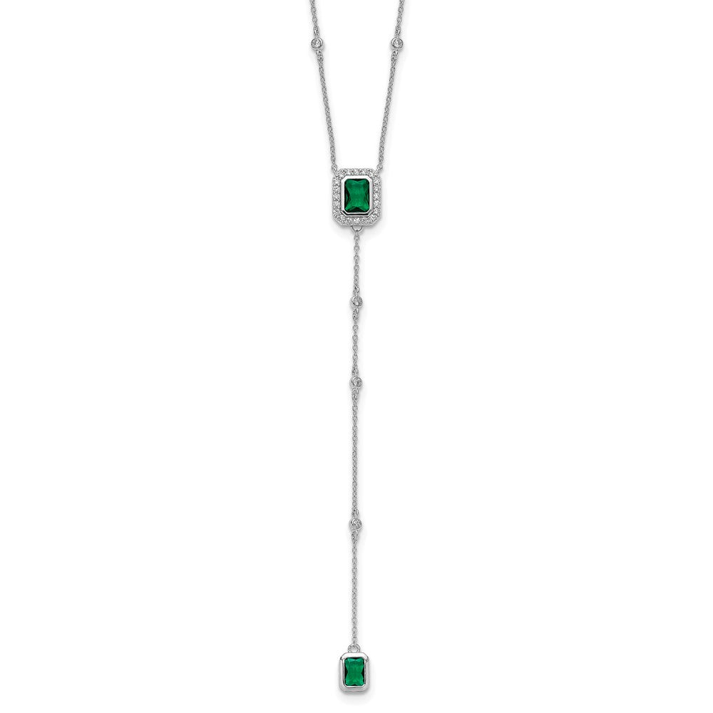 Sterling Silver Cheryl M Rhodium Plated Green Glass & CZ Lariat Necklace