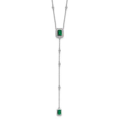Sterling Silver Cheryl M Rhodium Plated Green Glass & CZ Lariat Necklace