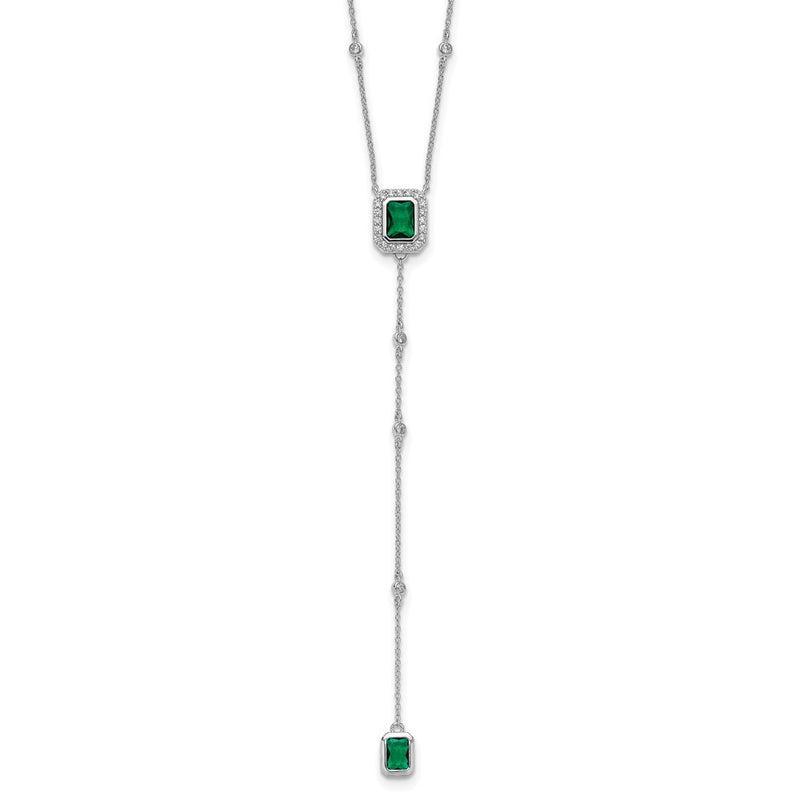 Sterling Silver Cheryl M Rhodium Plated Green Glass & CZ Lariat Necklace