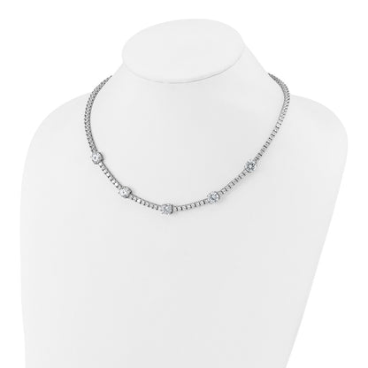 Sterling Silver Cheryl M Rhodium Plated CZ Station W/ Safety Clasp Necklace
