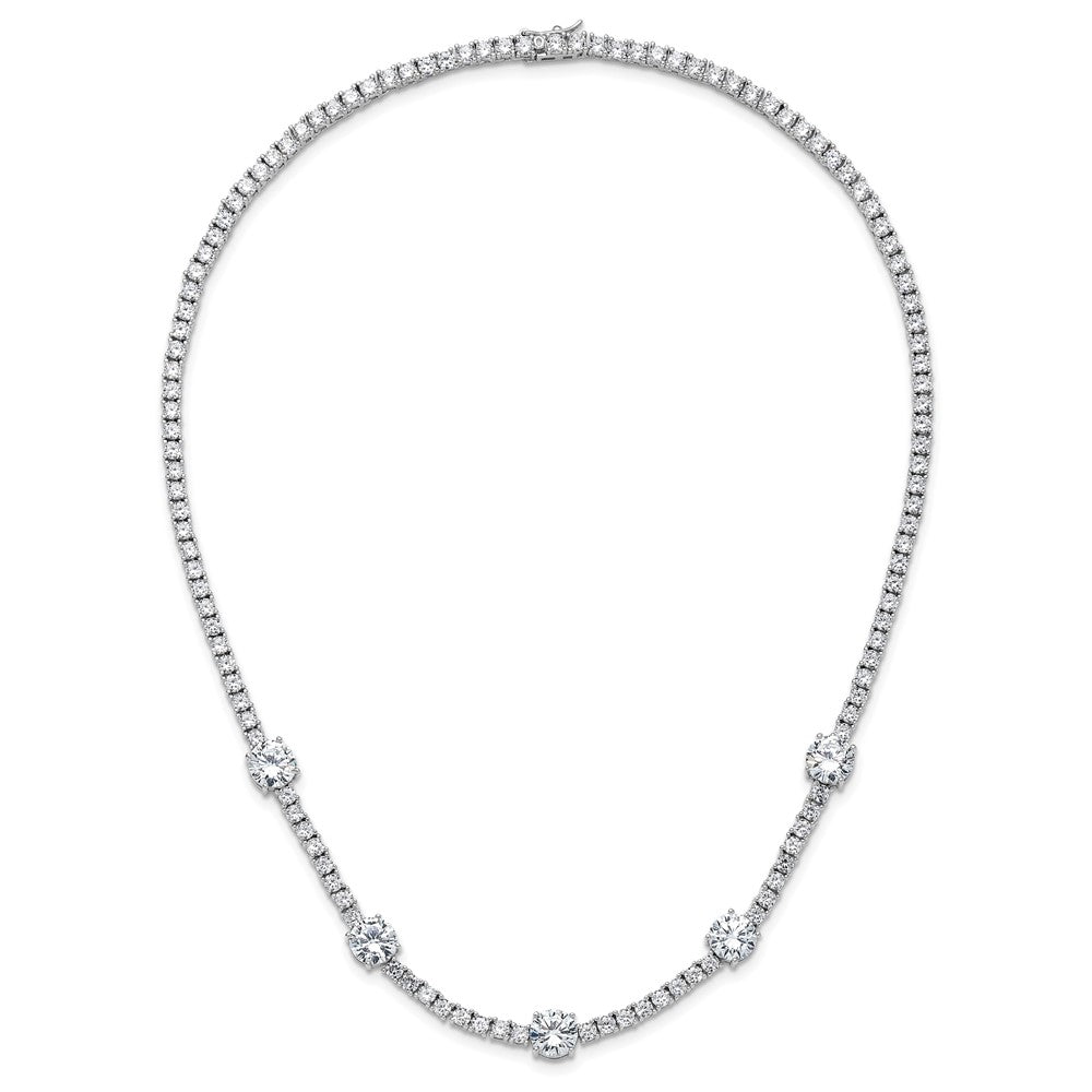 Sterling Silver Cheryl M Rhodium Plated CZ Station W/ Safety Clasp Necklace