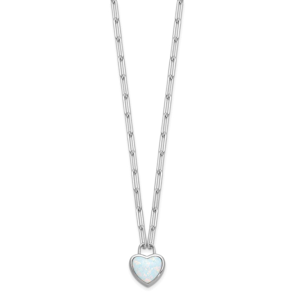 Sterling Silver Cheryl M Rhodium Plated Created Opal Heart Paperclip Link Necklace