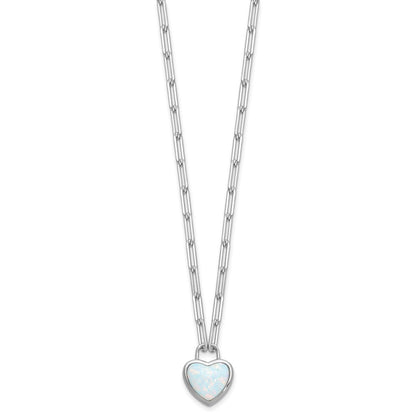 Sterling Silver Cheryl M Rhodium Plated Created Opal Heart Paperclip Link Necklace