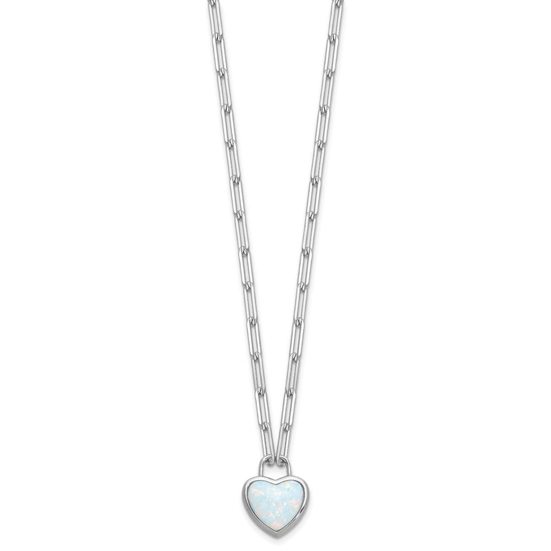 Sterling Silver Cheryl M Rhodium Plated Created Opal Heart Paperclip Link Necklace
