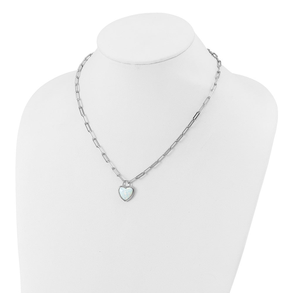 Sterling Silver Cheryl M Rhodium Plated Created Opal Heart Paperclip Link Necklace