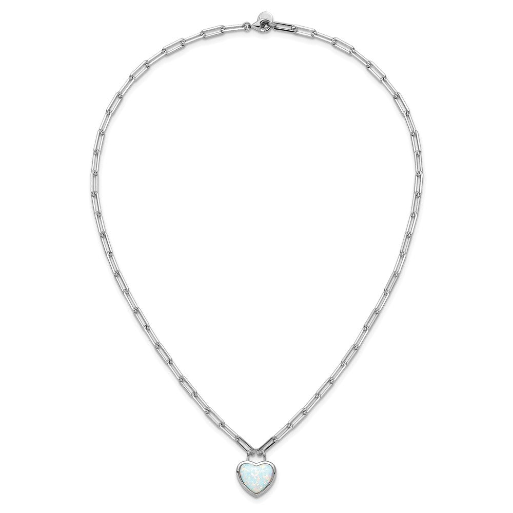 Sterling Silver Cheryl M Rhodium Plated Created Opal Heart Paperclip Link Necklace
