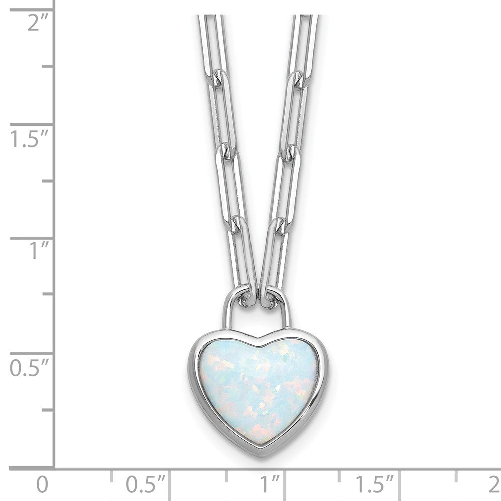 Sterling Silver Cheryl M Rhodium Plated Created Opal Heart Paperclip Link Necklace
