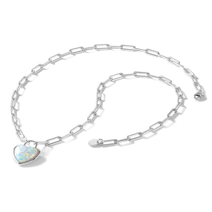 Sterling Silver Cheryl M Rhodium Plated Created Opal Heart Paperclip Link Necklace