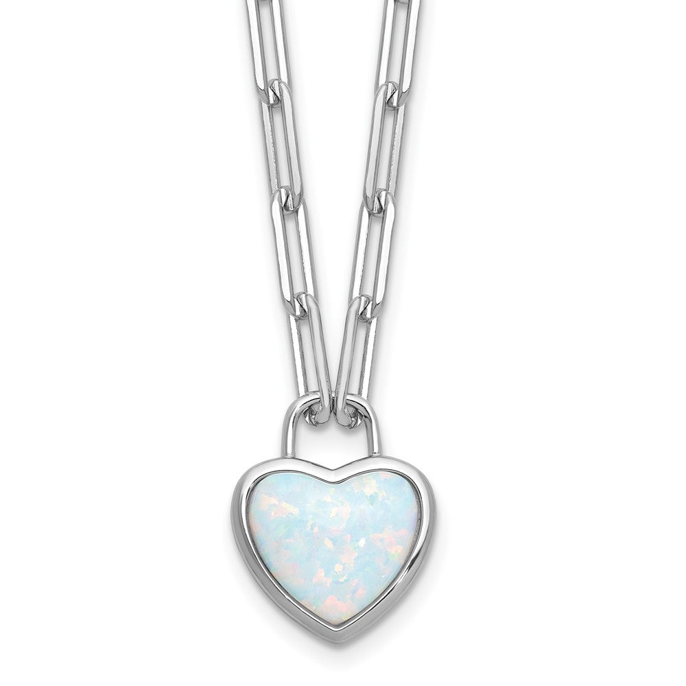 Sterling Silver Cheryl M Rhodium Plated Created Opal Heart Paperclip Link Necklace