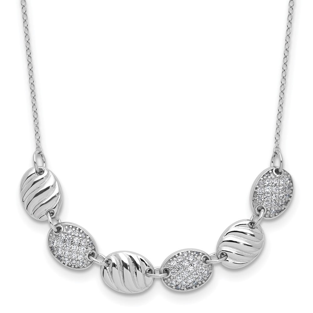 Sterling Silver Cheryl M Rhodium Plated Polished & Grooved CZ Ovals Necklace
