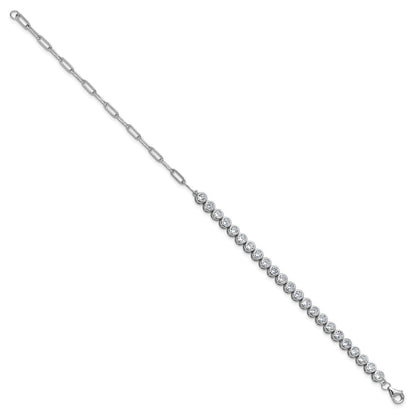 Sterling Silver Cheryl M Rhodium Plated Bezel Set CZ & Paperclip Link Bracelet
