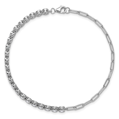 Sterling Silver Cheryl M Rhodium Plated Bezel Set CZ & Paperclip Link Bracelet