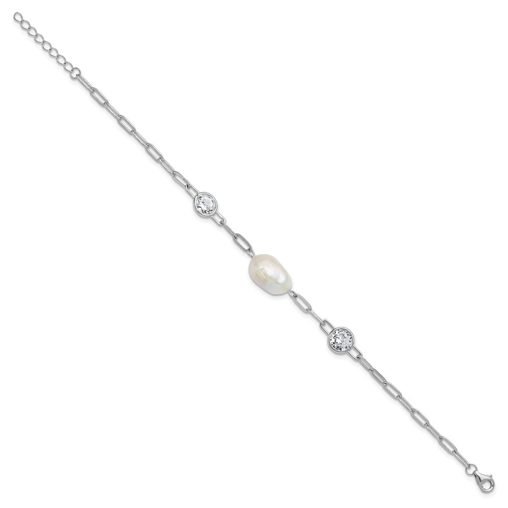 Sterling Silver Cheryl M Rh-Pltd CZ & Fwc Pearl & Link W/ .75in Ext Bracelet