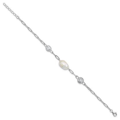 Sterling Silver Cheryl M Rh-Pltd CZ & Fwc Pearl & Link W/ .75in Ext Bracelet