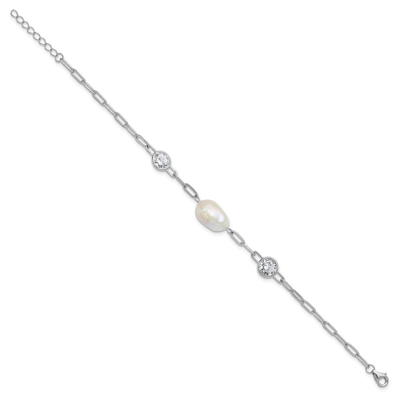 Sterling Silver Cheryl M Rh-Pltd CZ & Fwc Pearl & Link W/ .75in Ext Bracelet
