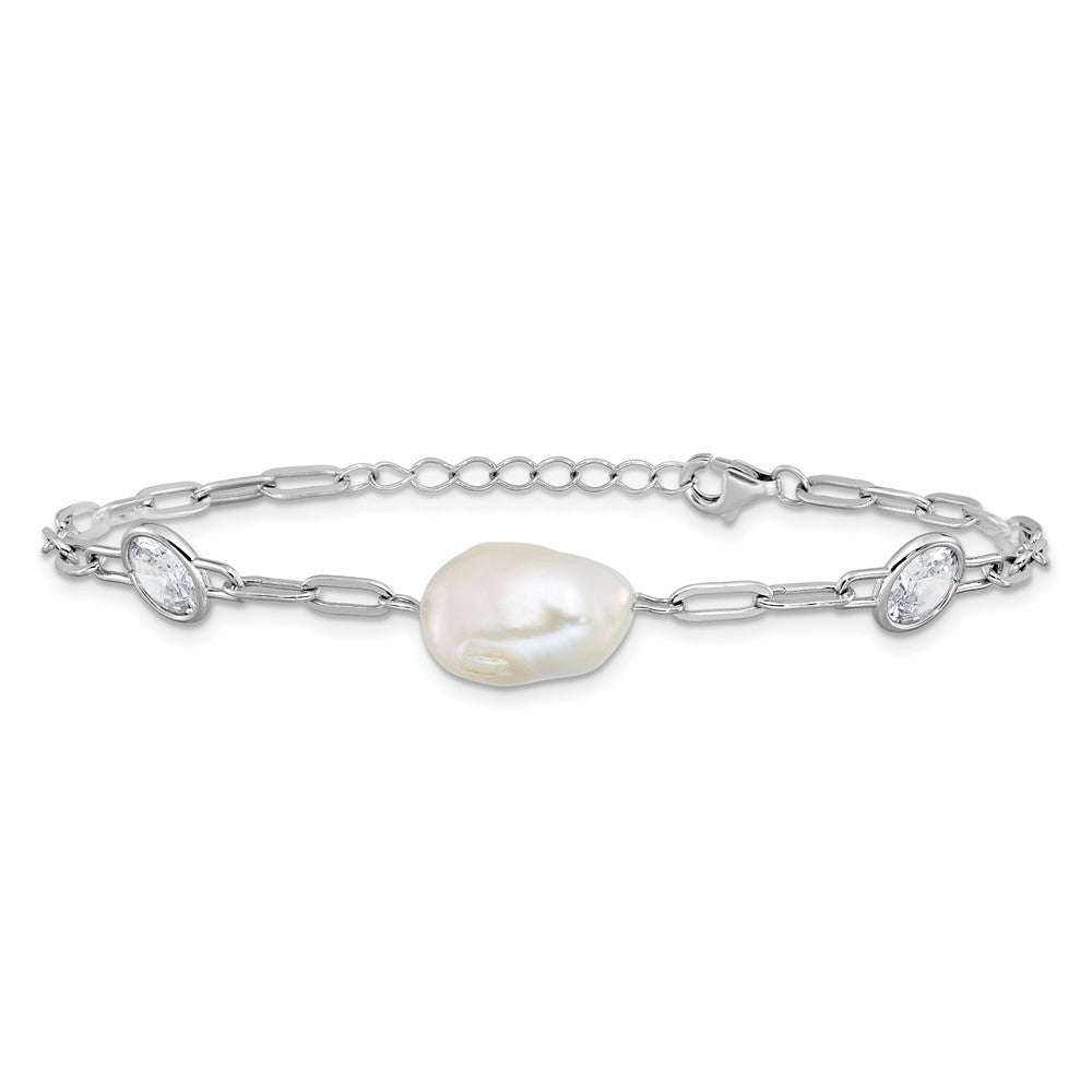 Sterling Silver Cheryl M Rh-Pltd CZ & Fwc Pearl & Link W/ .75in Ext Bracelet