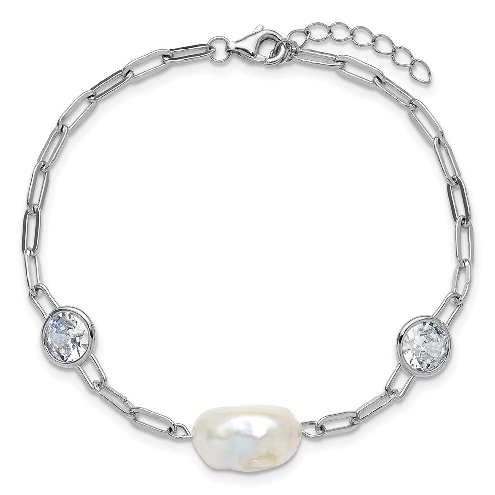 Sterling Silver Cheryl M Rh-Pltd CZ & Fwc Pearl & Link W/ .75in Ext Bracelet