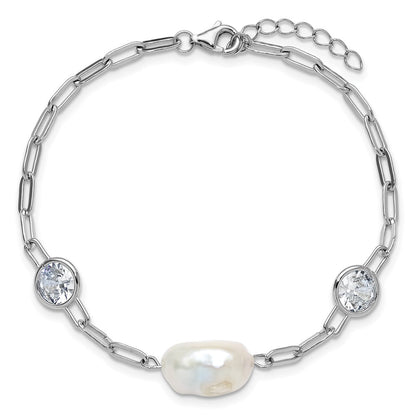 Sterling Silver Cheryl M Rh-Pltd CZ & Fwc Pearl & Link W/ .75in Ext Bracelet