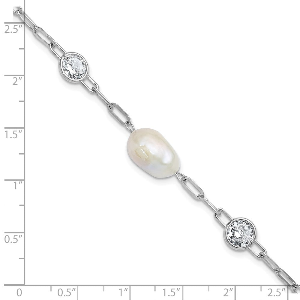Sterling Silver Cheryl M Rh-Pltd CZ & Fwc Pearl & Link W/ .75in Ext Bracelet