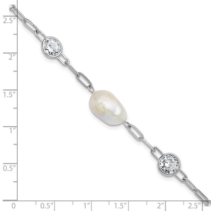 Sterling Silver Cheryl M Rh-Pltd CZ & Fwc Pearl & Link W/ .75in Ext Bracelet